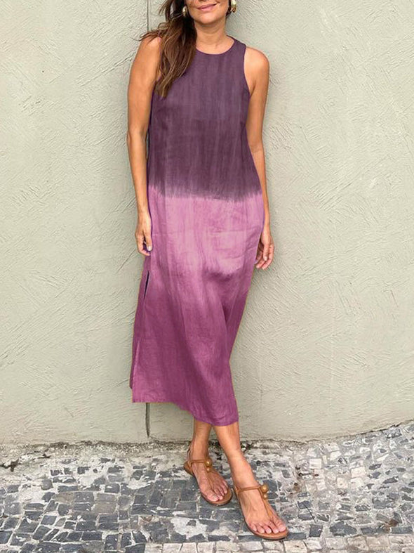 Women's casual cotton and linen sleeveless slit gradient tie-dye long dress