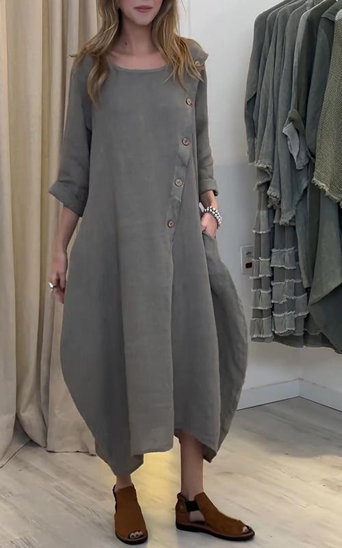 Women's Casual Round Neck Solid Color Cotton and Linen Dress