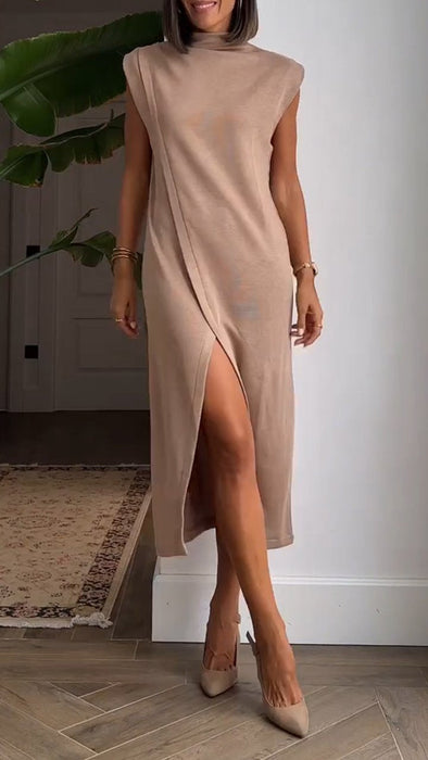 Round Neck Cap Sleeve Slit Dress