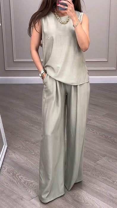 Round Neck Sleeveless Top + Wide Leg Pants Two-piece Suit