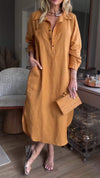 Cotton and Linen Lapel Casual Mid-sleeve Dress