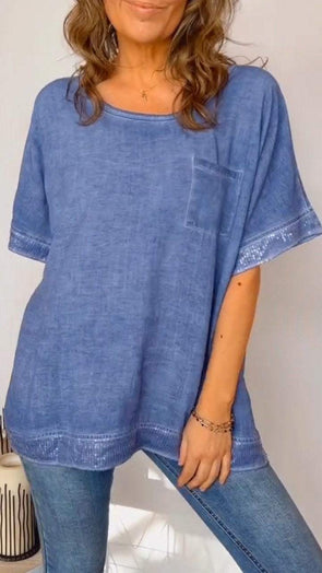 Women's Round Neck Short Sleeve Cotton and Linen Top