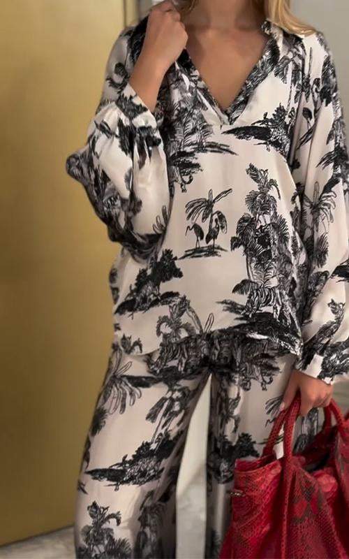 Women's Lapel Printed Long-sleeved Satin Suit