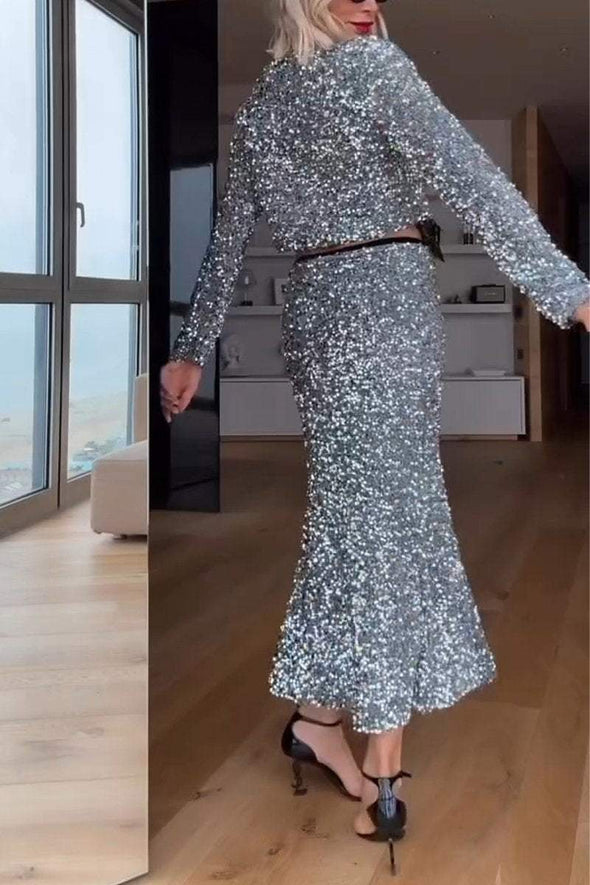 Women's Round Neck Sequined Shiny Two-piece Suit