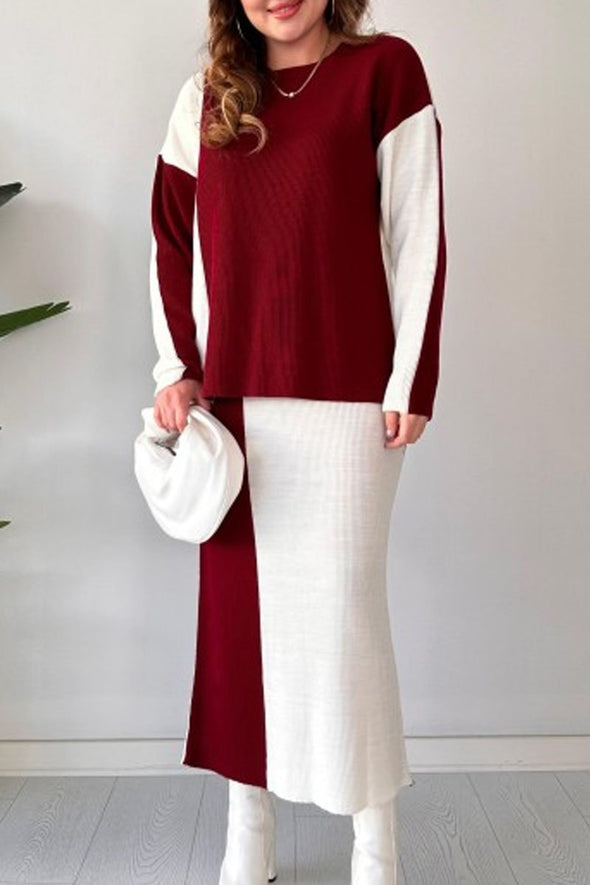 Women's Casual Colorblocked Knit Skirt Two-Piece Set