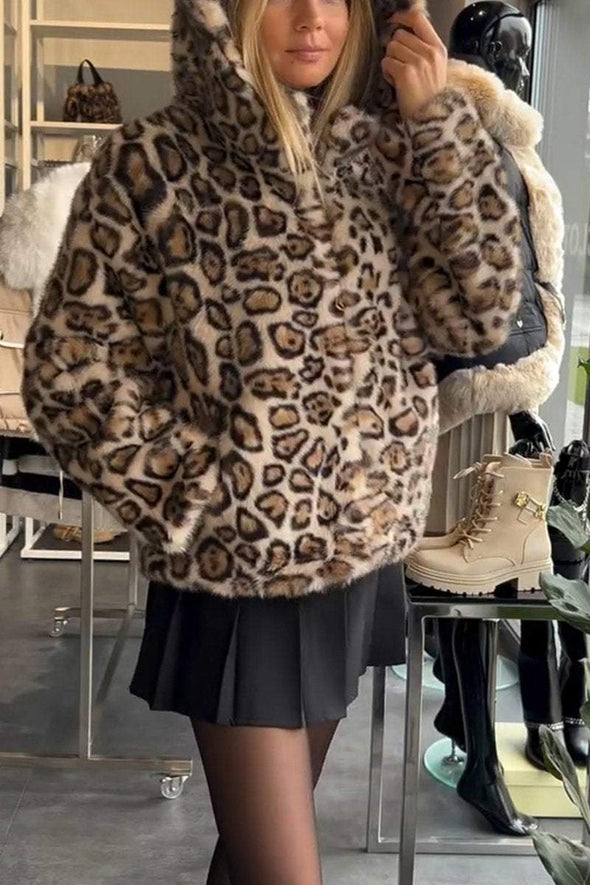 Women's Casual Hooded Leopard Fur Coat