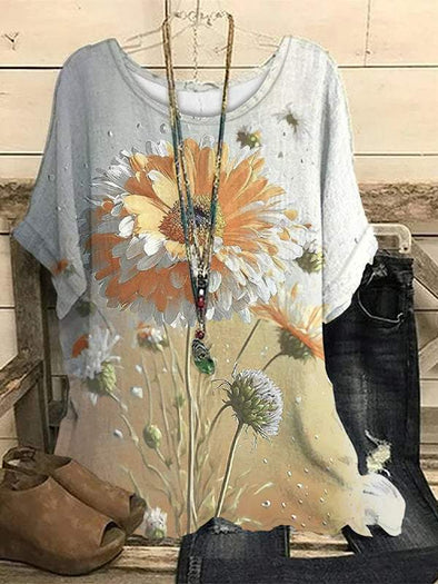 Casual Round Neck Printed Short-sleeved Top