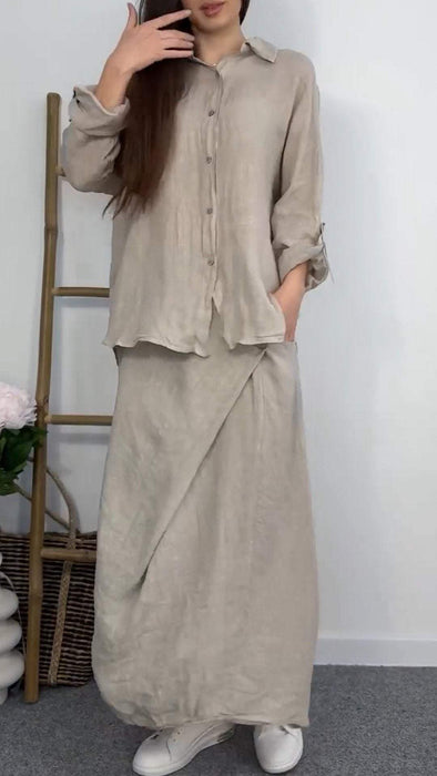 Lapel Mid-Sleeve Cotton and Linen Top + Skirt Two-Piece Set