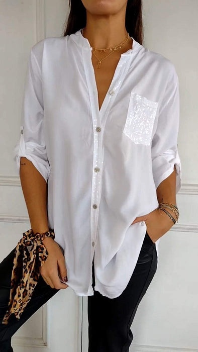 V-neck Sequin Mid-sleeve Casual Top