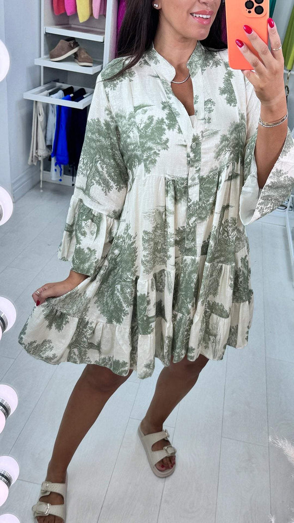 V-neck Printed Dress with Half Sleeves