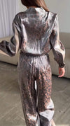 Leopard Print Satin Casual Crew Neck Zipper Cardigan Suit