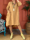 Women's Casual Solid Color Pocket Mid-Sleeve Cotton and linen Dress