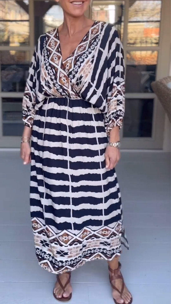 V-neck Mid-sleeve Printed Casual Dress