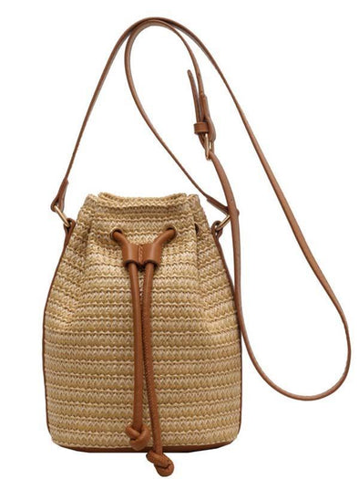 Fashion Bucket Bag Woven Shoulder Crossbody Bag Seaside Travel Beach Bag