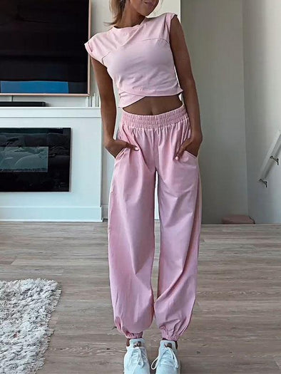 Solid Color Sports Top & Pants Two-piece Set