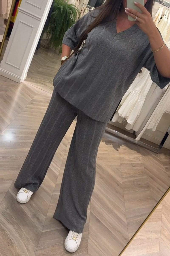 Women's Casual V-neck Solid Color Striped Two-piece Suit