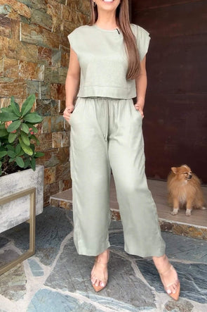 Cotton And Linen Casual Top And Pants Two-piece Set