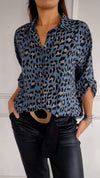 Lapel Mid-Sleeve Leopard Print Casual Top