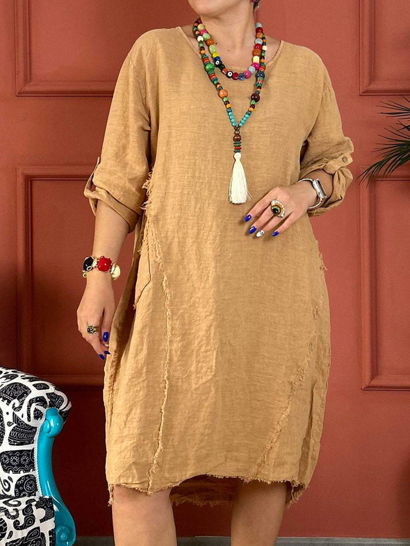 Women's Casual Solid Color Pocket Mid-Sleeve Cotton and linen Dress