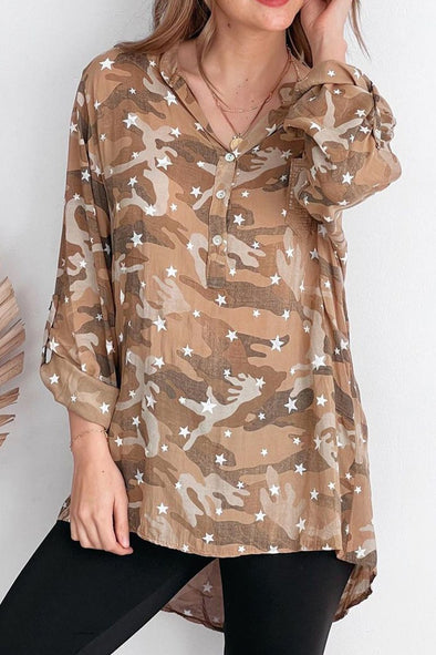 Cotton and linen camouflage print shirt