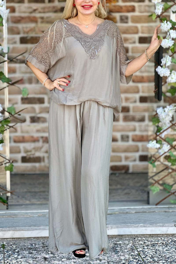 Lace neckline spliced chiffon two-piece set