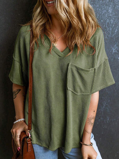 Casual V-neck Summer Pocket Design T-shirt