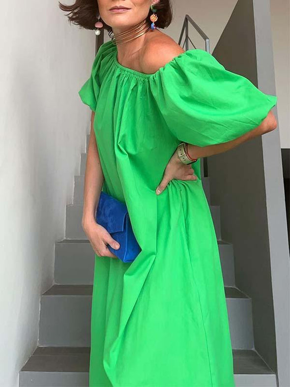 Solid color puff sleeve dress