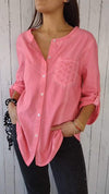 Round Neck Mid-sleeve Cotton and Linen Casual Top