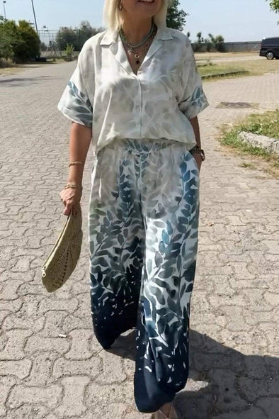 Women's ink print gradient shirt wide leg pants suit