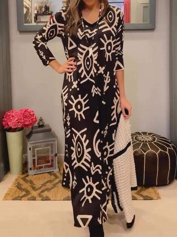 Casual V-neck Printed Long-sleeve Dress