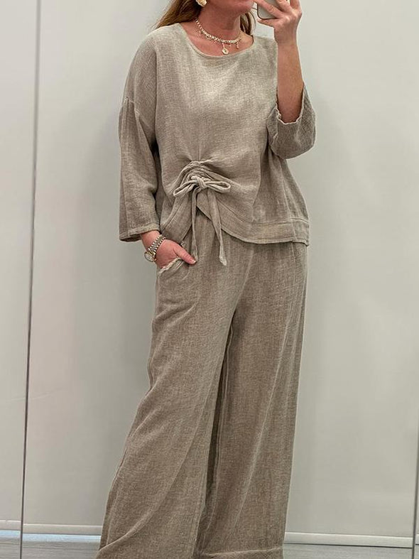 Casual Plain Crew Neck Long Sleeve Top and Pants Two-pieces Set