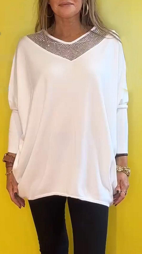 Casual V-neck Sequin Neck Top