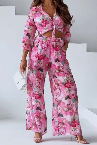 Women's Casual Floral Print Wide Leg Pants Two-Piece Set