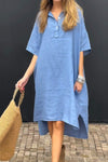 V-neck Buttoned Cotton and Linen Dress