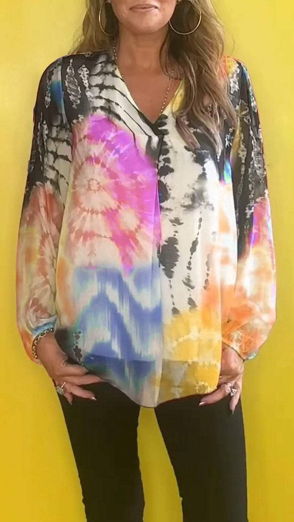 Casual V-neck Tie-dye Top