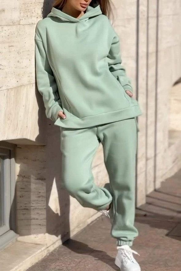 Women's Solid Color Hooded Sweatshirt Two Piece Set