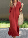 Women's V-neck Mid-sleeve Cotton and Linen Dress