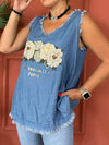 Women's Casual Printed Denim Sleeveless T-Shirt