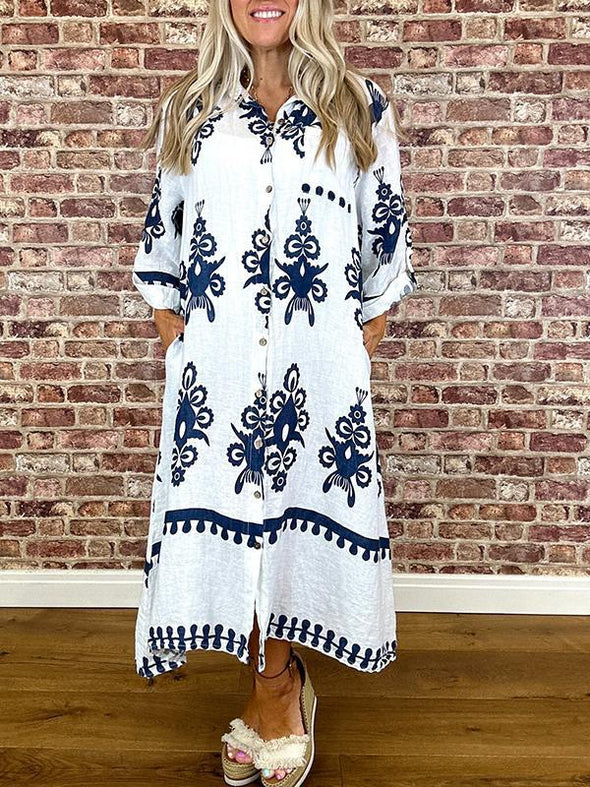 Lapel Printed Mid-sleeve Dress