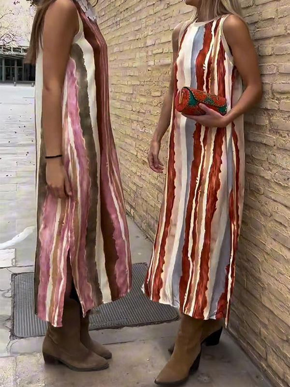 Casual Round Neck Striped Tie-dye Dress