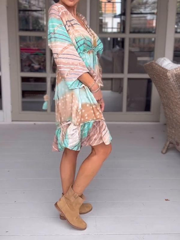 Casual V-neck Color Block Printed Short Dress