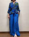 V-neck Half-button Printed Top and Trousers Suit