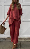 Women's Casual Round Neck Solid Color Cotton and Linen Two-piece Suit