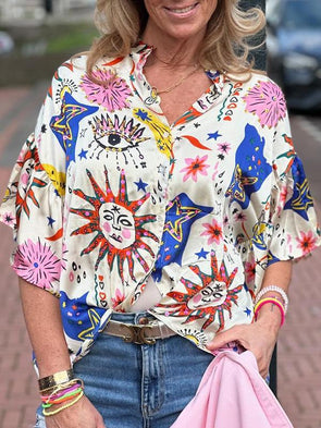 Casual V Print Mid-sleeve Top