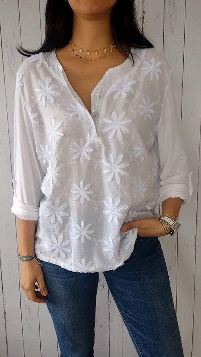 V-neck Mid-sleeve Top with 3D Floral Design