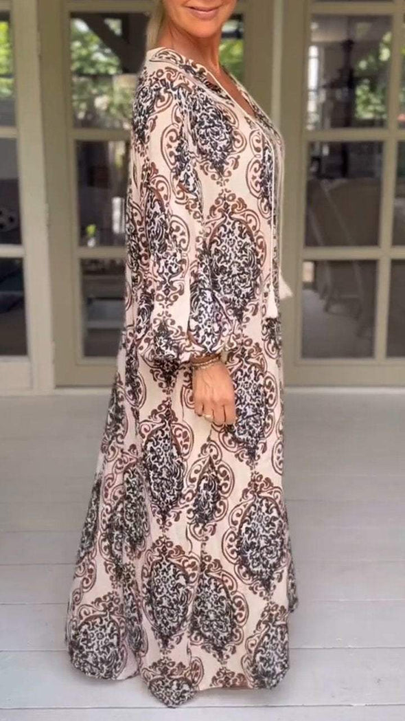 V-neck Casual Long-sleeve Printed Dress