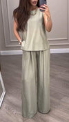 Round Neck Sleeveless Top + Wide Leg Pants Two-piece Suit