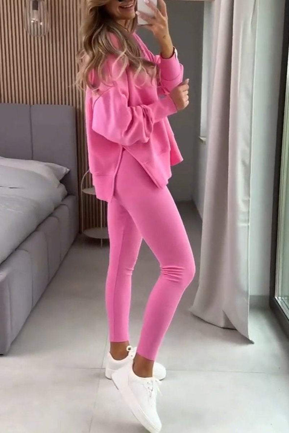 Women's Casual Round Neck Solid Color Side Opening Two Piece Suit