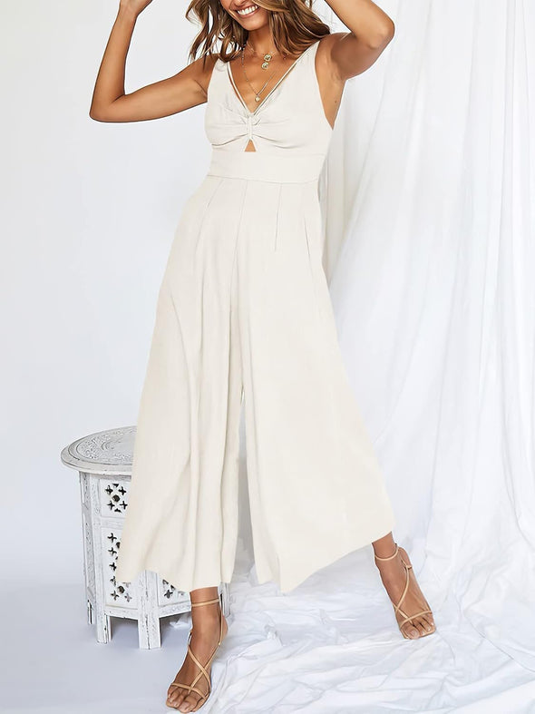 Sleeveless Jumpsuit with V-neck Cutout Design