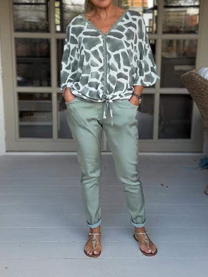 Casual V-neck Printed Two-piece Suit